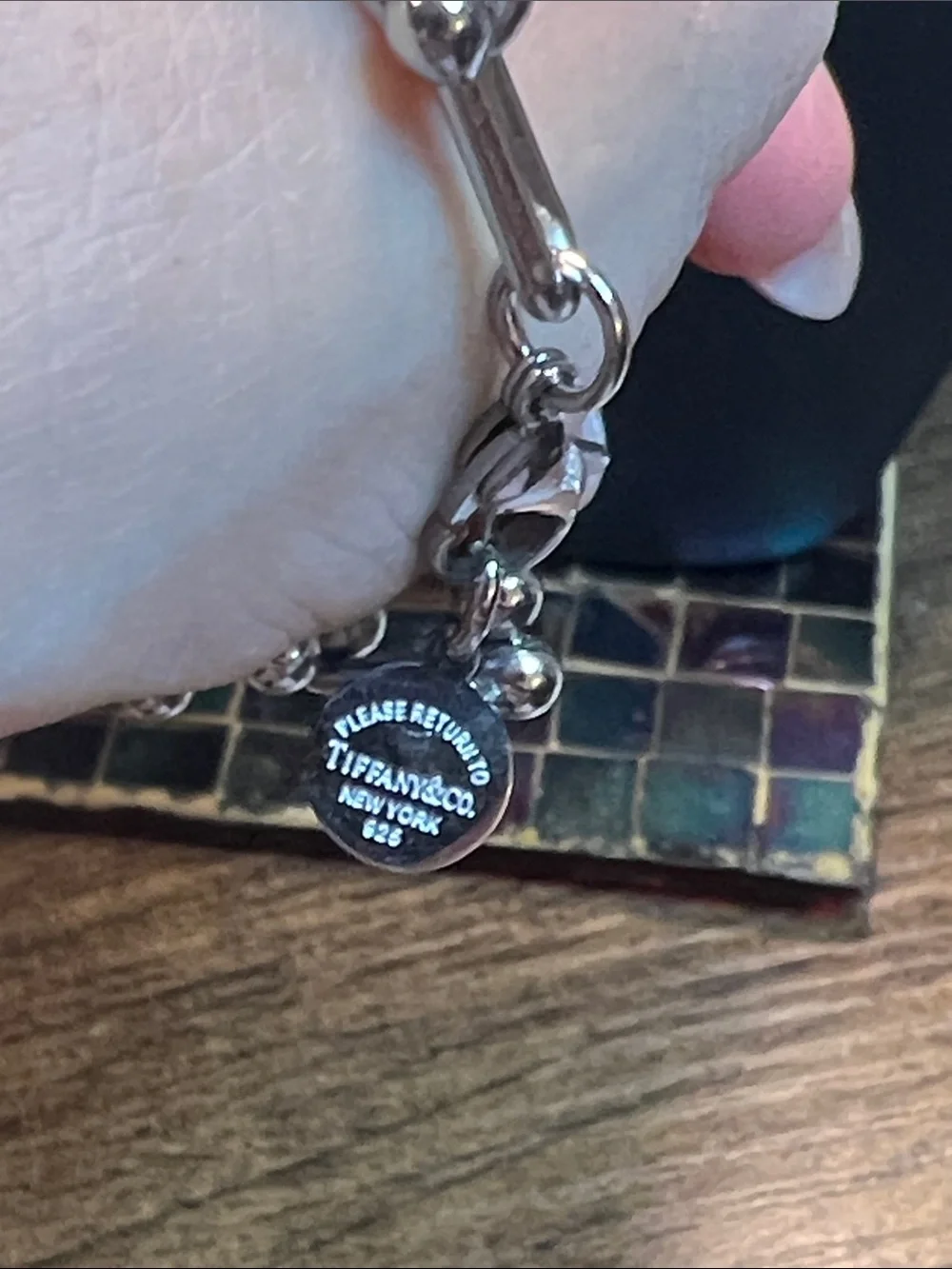 Stainless Steel Bead Link Bracelet with Pink Heart Tag